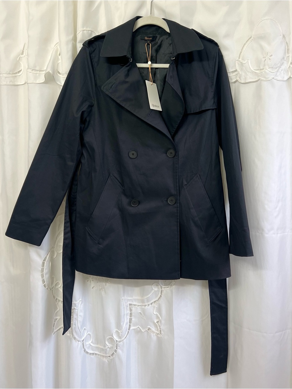 NWT Quince Comfort Stretch Short Trench Coat Black Small Belted - Picture 7 of 16